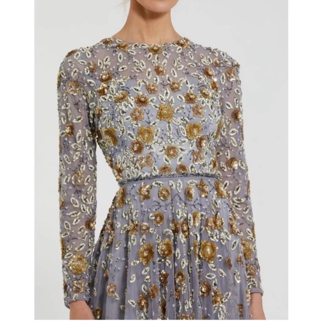 Mac Duggal 5533 Beaded Sequins Long Sleeve Gown Platinum Gold 18 - Image 3