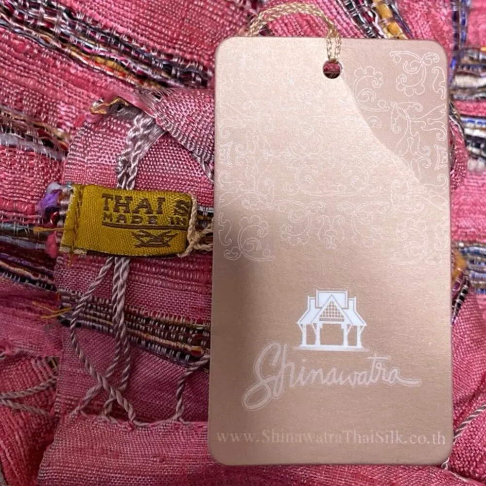 NEW Shinawatra Red Multicolor Striped 100% Silk Fringe Shawl Wrap Scarf OS - Image 3