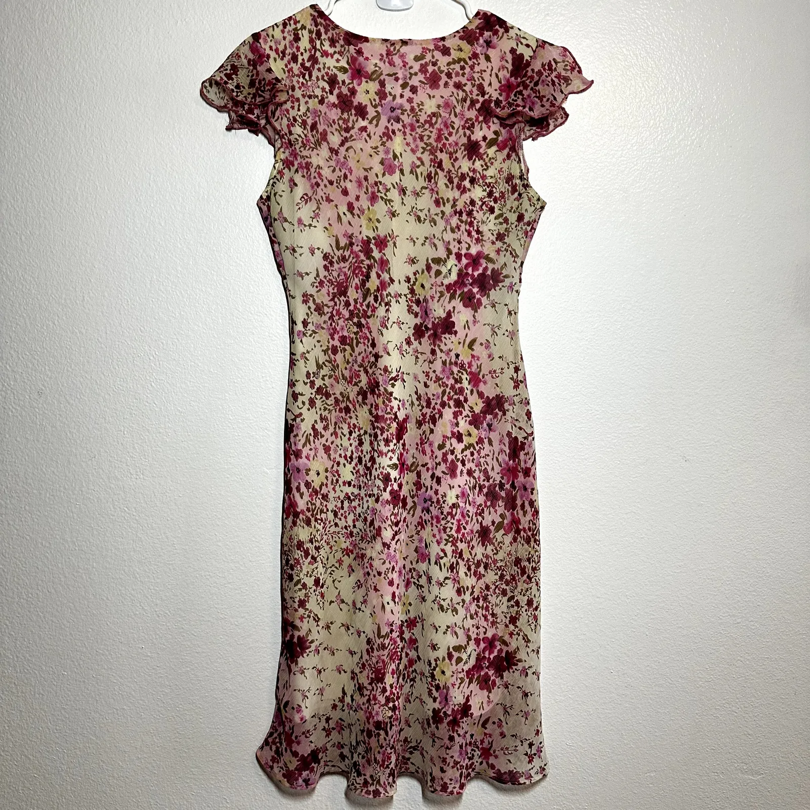 VTG Y2K Studio Y Empire Waist Dress Floral Short Sleeve V-Neck Tie Front Pink XL - Image 5
