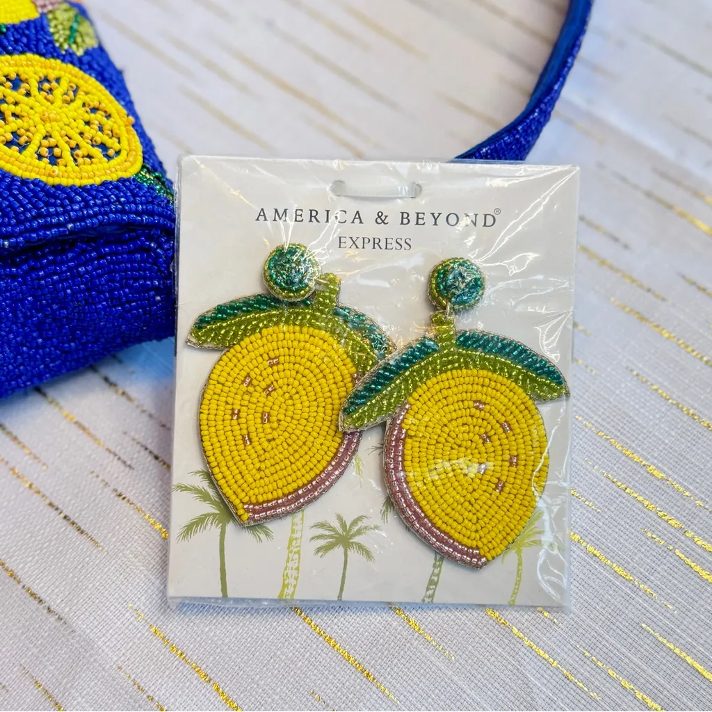 Blue Lemon Beaded Shoulder Bag + Matching Beaded Lemon Earrings Set | NWT - Image 9