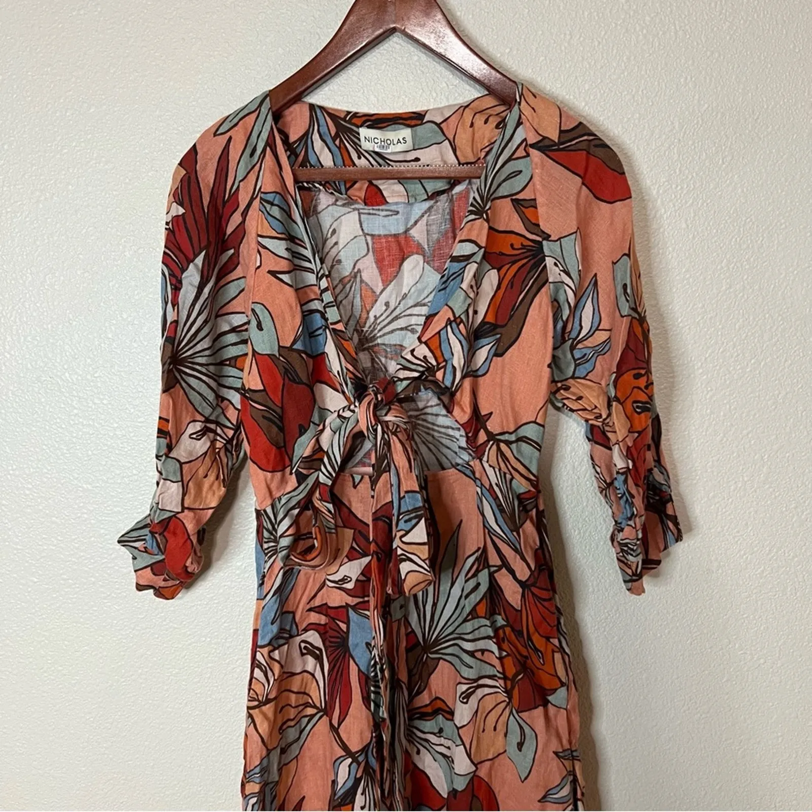 Nicholas Asilah floral linen long sleeve cutout tie midi dress 0 Pink - Image 4