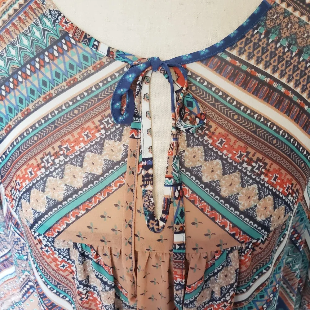 Gibson Latimer Womens Dress Size Medium Tunic Patchwork Boho semi-sheer orange - Image 3