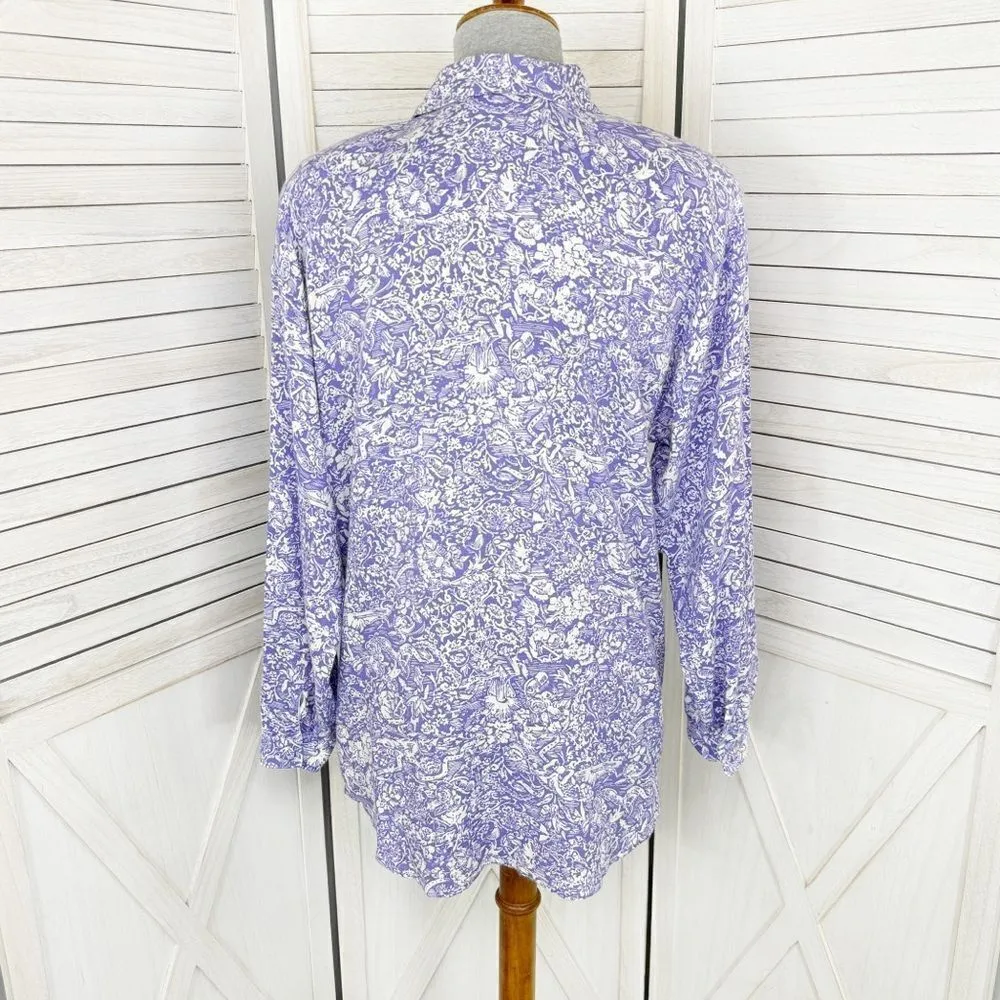 Premiere Vintage Floral Oversized Shirt Button Up Purple White Size 8 Boyfriend - Image 4