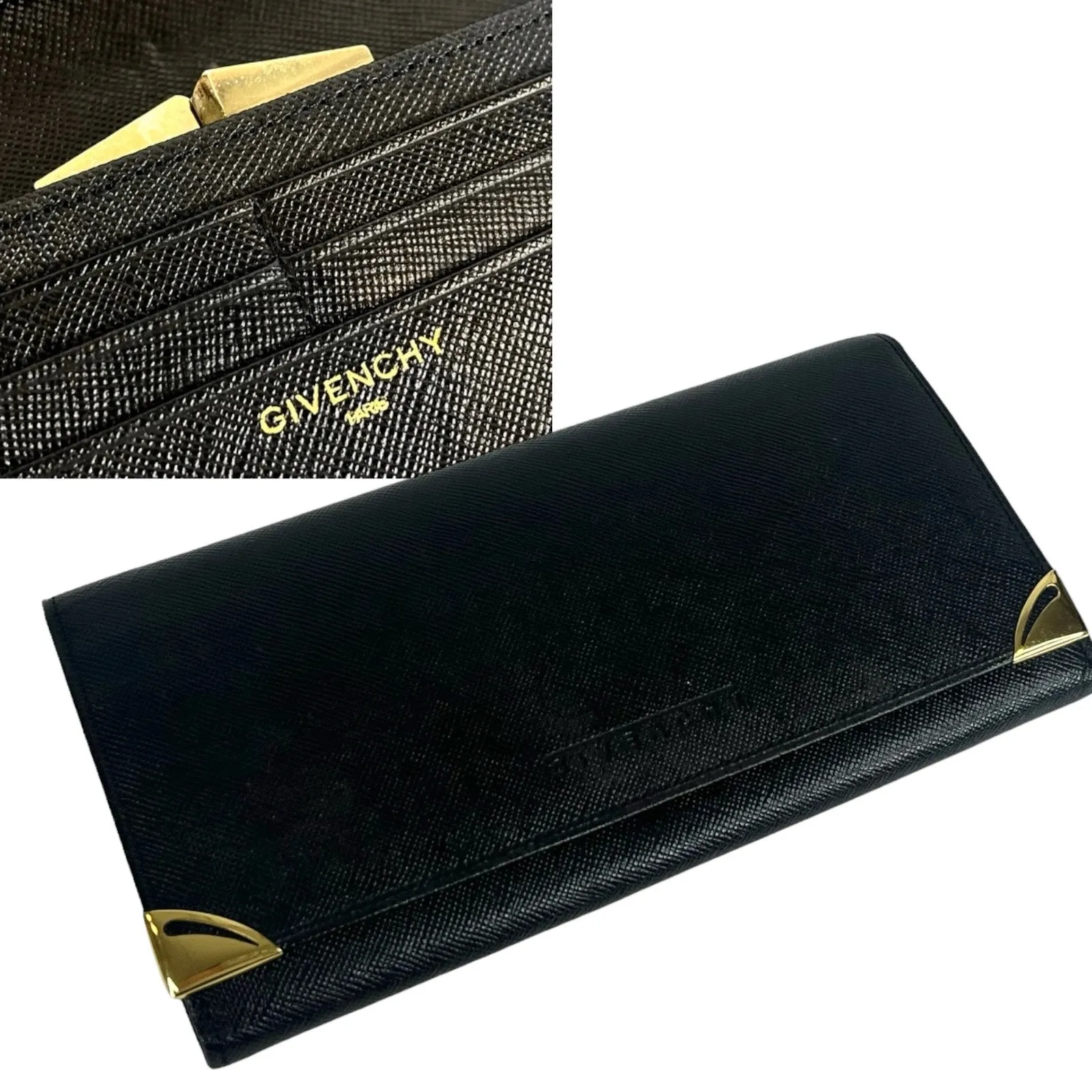 Givenchy Long Wallet Leather Bifold Clutch Mens Womens Black Gold Authentic Vtg - Image 12