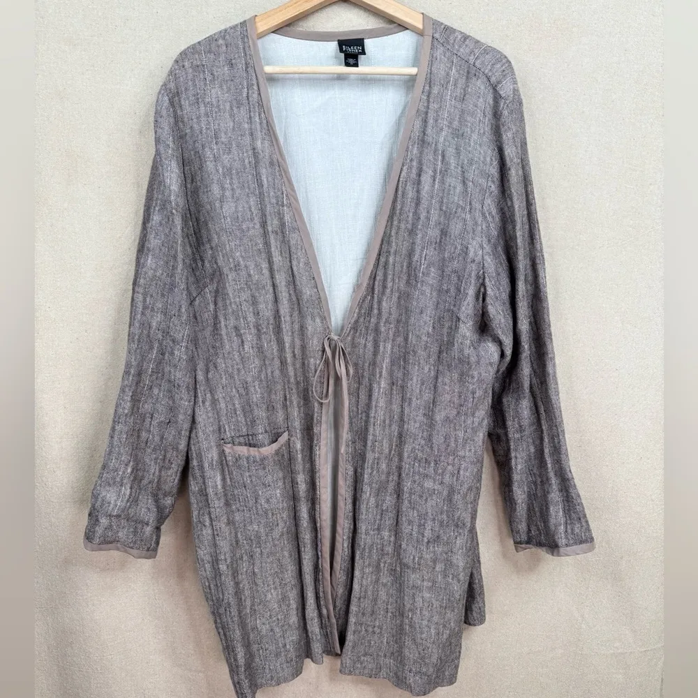 Eileen Fisher Kimono Cardigan Jacket 1X Brown Long Sleeve Linen Tie Front - Image 3