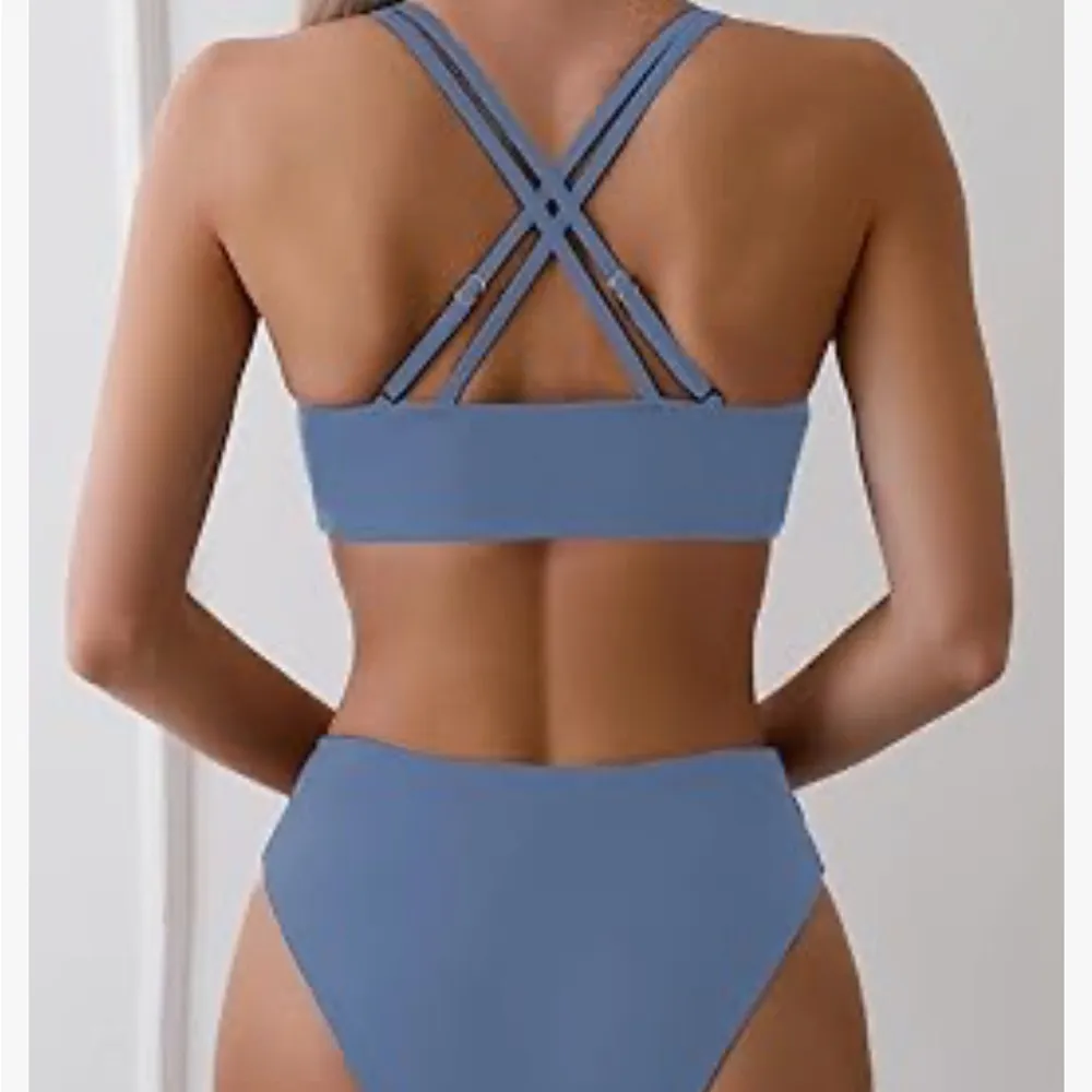 Blue Cheeky Back Cross Bikini High Waisted High Cut Side Straps Bottom M Size M - Image 2
