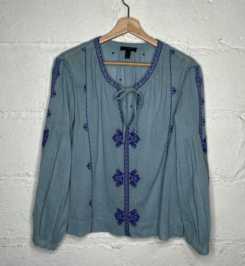 J. Crew Women's Blue Cotton Peasant Boho Tie Blouse Size 2 - Image 2