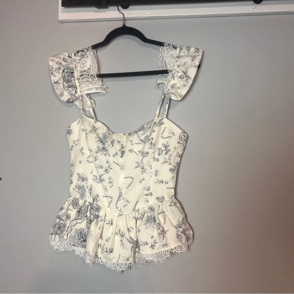Corset Babydoll Tank Top Ruffles Cream Blue Size Medium Floral Birds Cottagecore White - Image 2