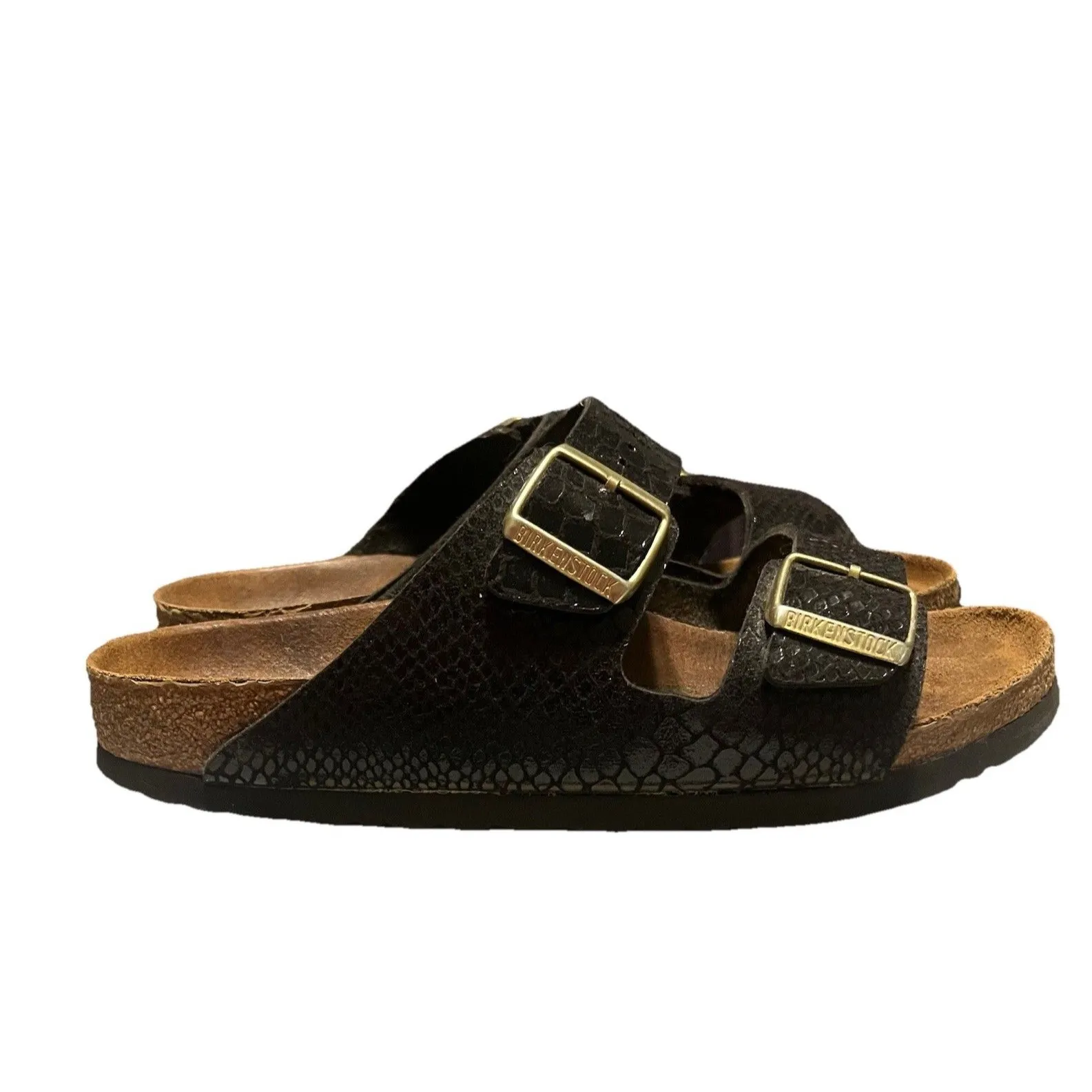 Birkenstock Arizona Shiny Snake Black Birko Flor Sandals Made in Germany Size 10 - Image 3