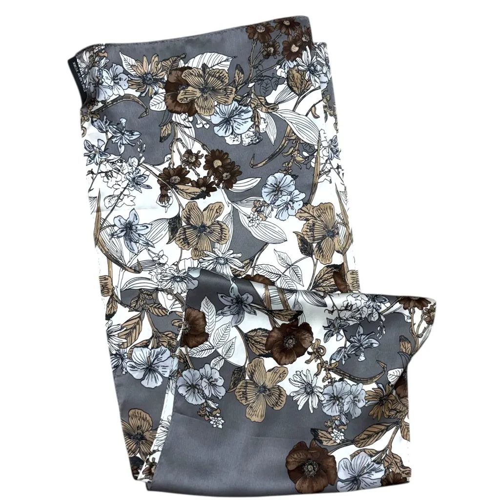 Vintage Jones New York Gray Brown Floral Silk Scarf Grey Floral Cottage Boho - Image 5