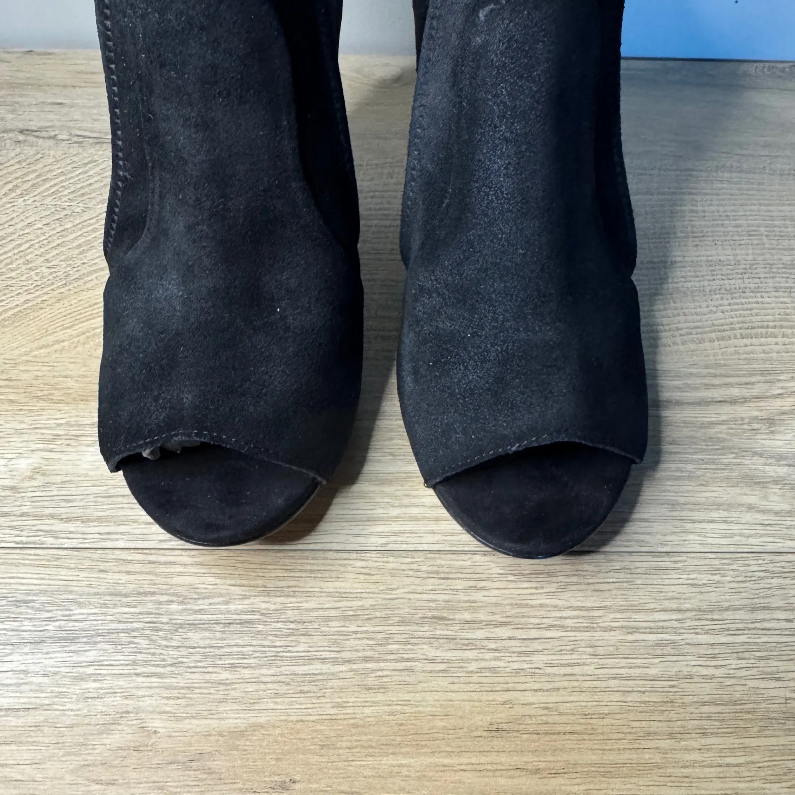 Vince Camuto Shoes Peep Toe Suede Buckle Booties Black Cone‎ Heel Womens 8 Wide - Image 6