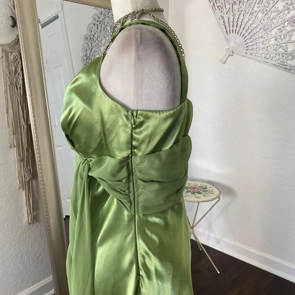 Juliet Ethereal Fairy Green Satin Mesh Asymmetric Frilly Layered Midi Dress L Size L - Image 5