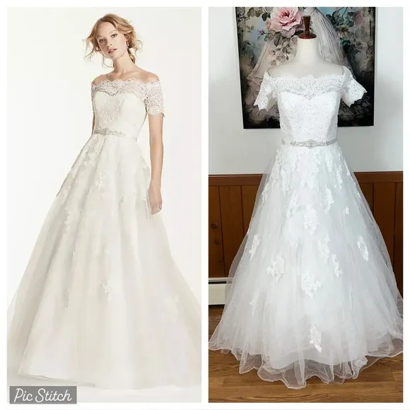 Elegant Jewel by David’s Bridal Off-Shoulder Lace Wedding Gown! - Image 2