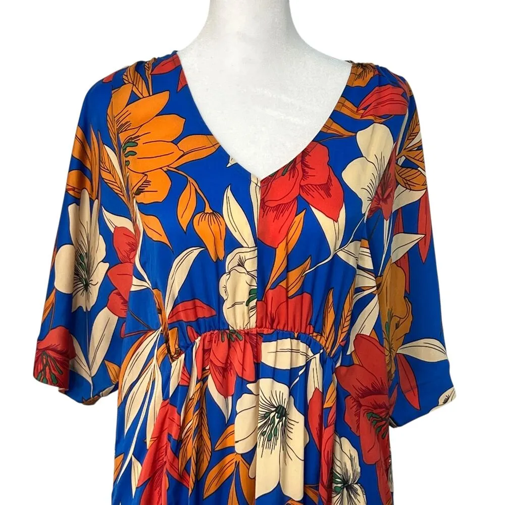 Easel Geometric Floral Maxi Dress Blue Tiered Pockets Small V Neck Boho NWT - Image 3