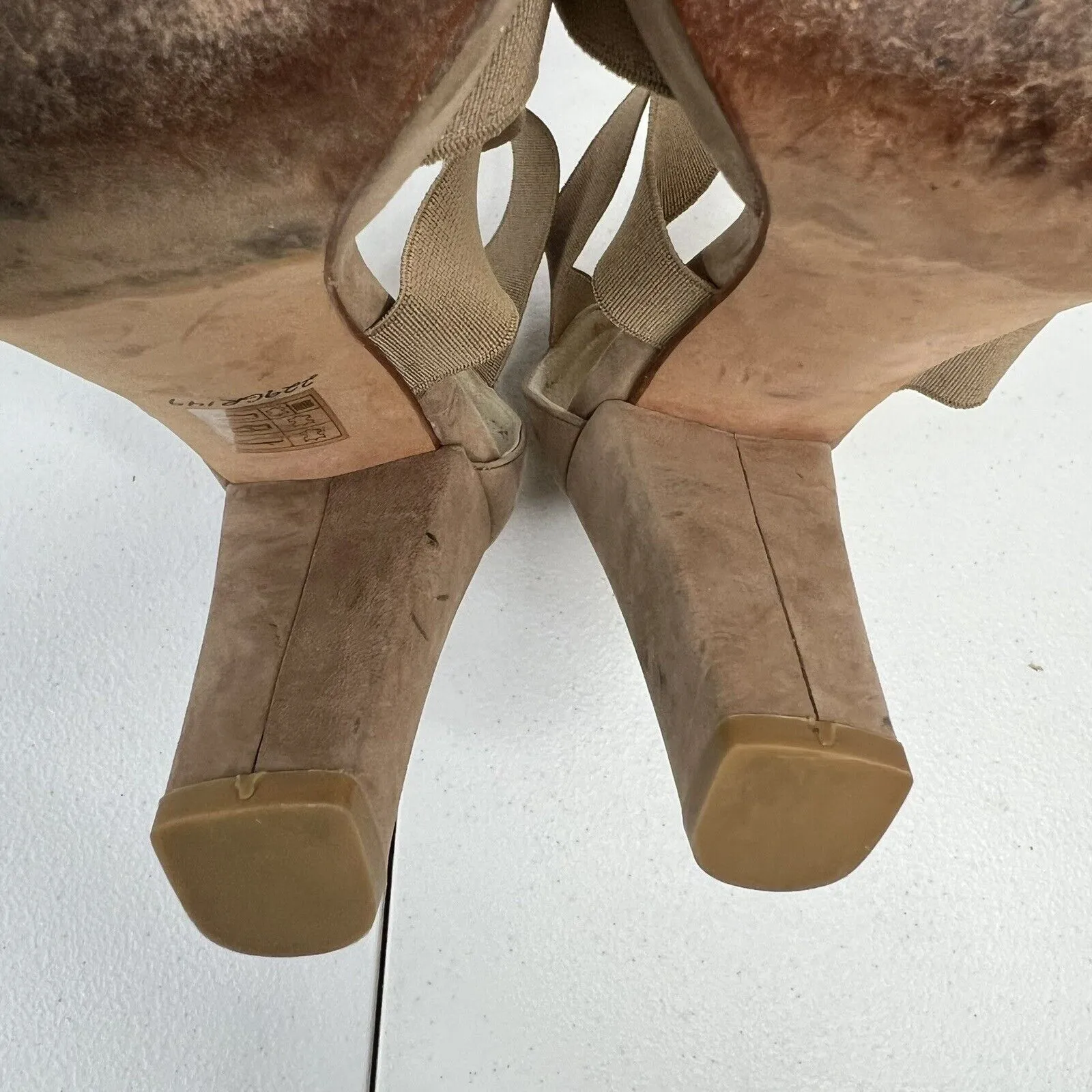 Stuart Weitzman Size 38 US 7.5 Heels Elastic Strap Wrap Tan Suede High Chunky - Image 10
