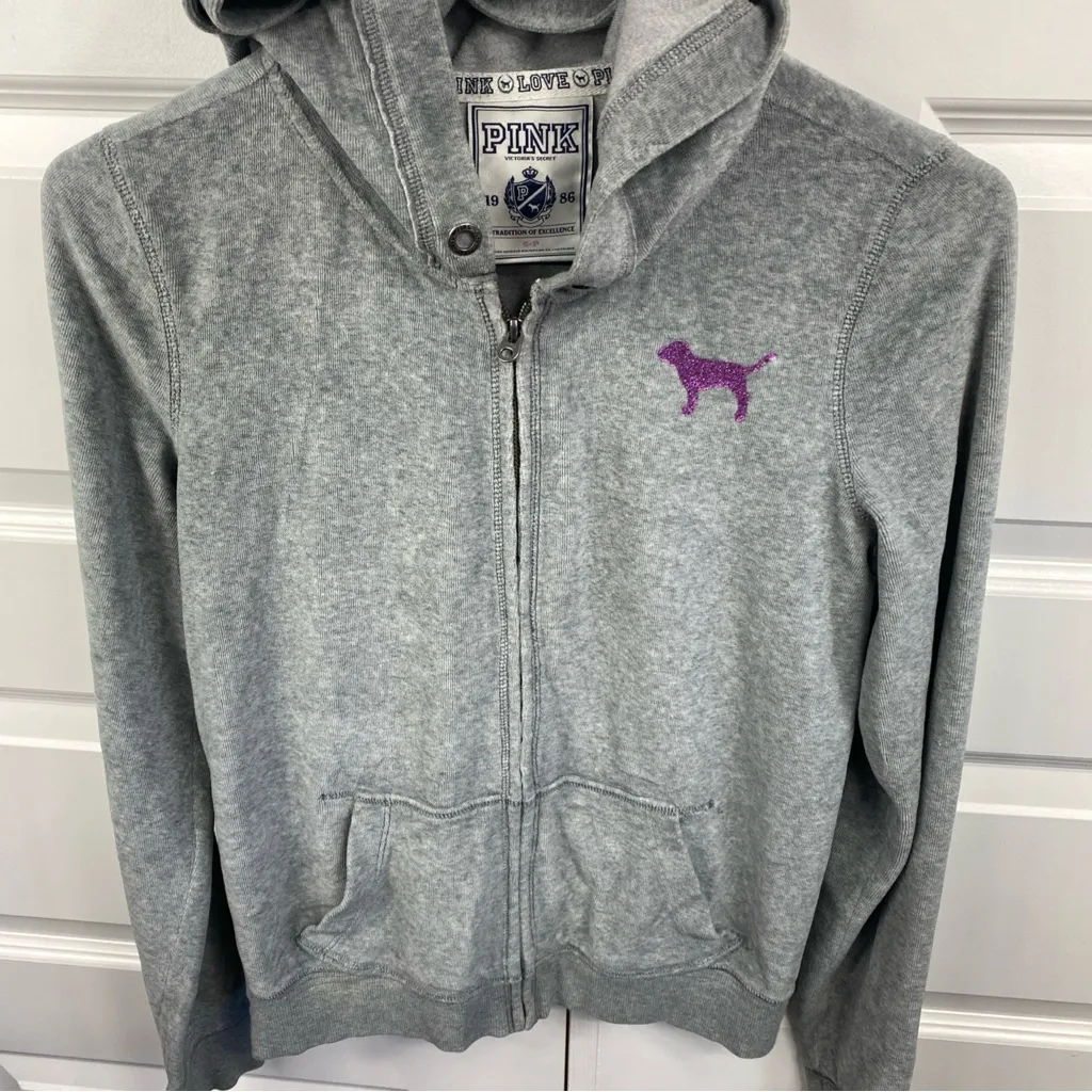 Victoria's Secret Velour Full-Zip Hoodie Jacket Gray Small SM Pink Dog glitter - Image 7