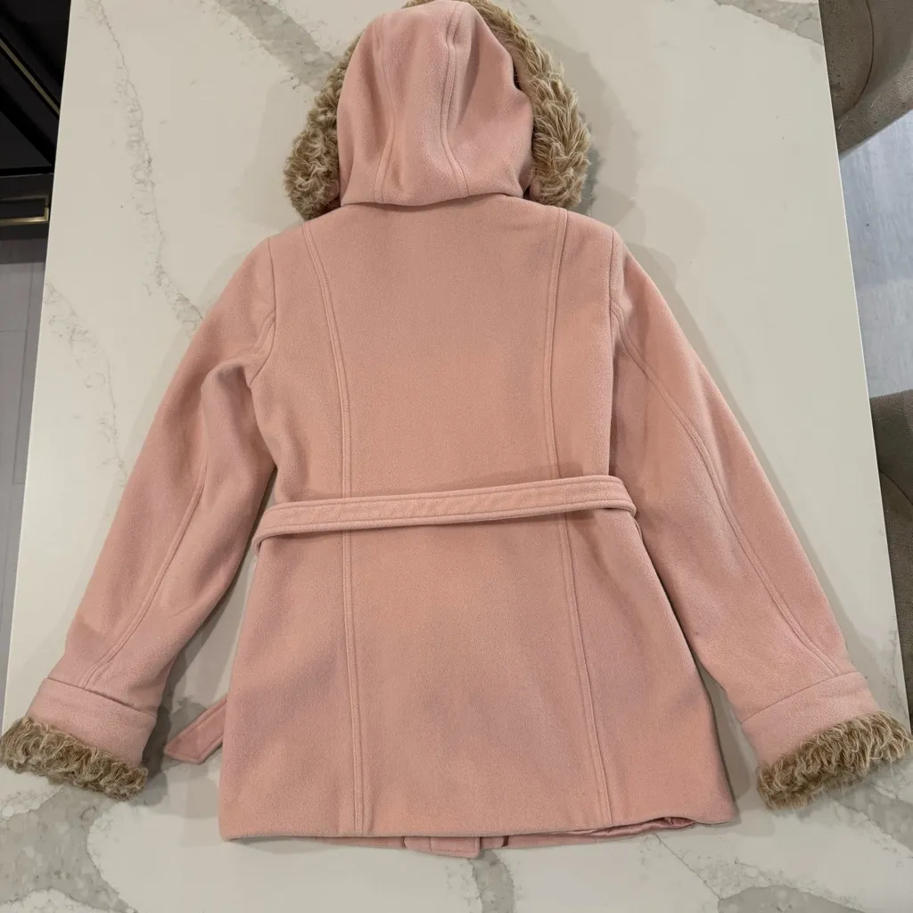 Express Button Front Wool/Cashmere Blend Pea Coat Faux Fur Trim Women’s 6 Pink - Image 9