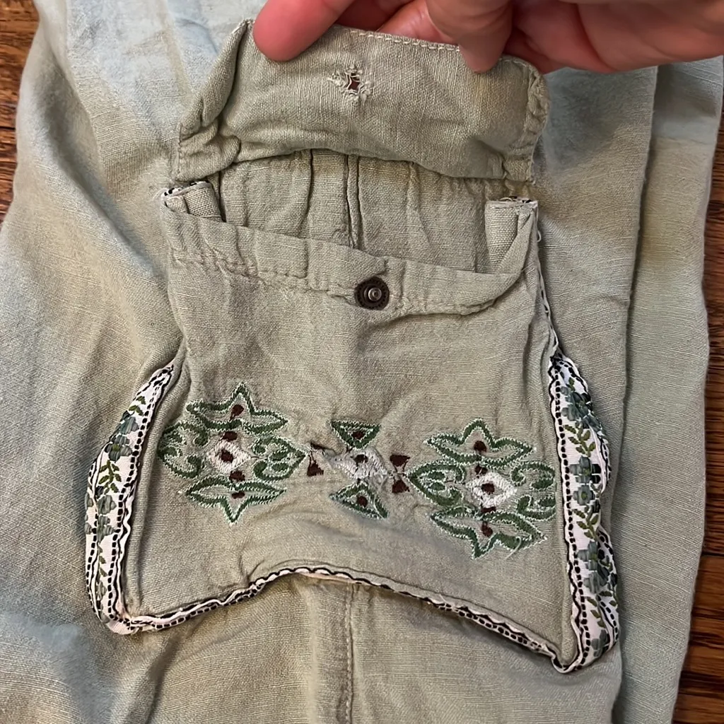 Vintage Y2K Embroidered Linen Capri Wide Leg Drawstring Cargo Pocket Floral Green Size L - Image 5
