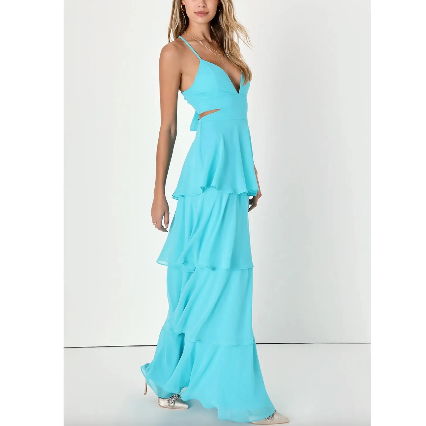 Lulus NWOT Tier and Now Blue Sash Tie-Back Tiered Plunging Cut-Out Maxi Dress - Image 4