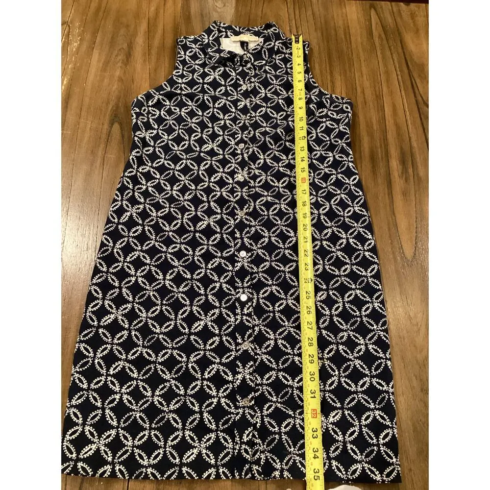 MICHAEL Michael Kors Patterned Navy White Button Down sleeveless Shirt Dress 8 - Image 2