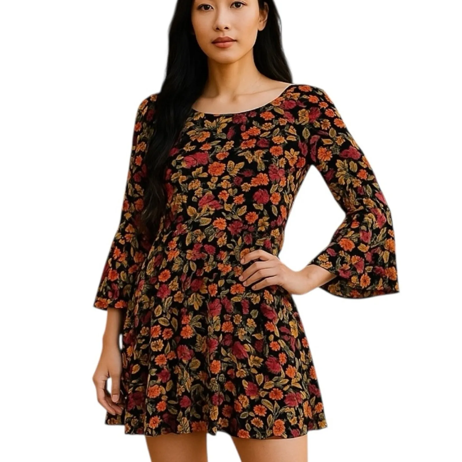 H&M Divided Y2K Floral Mini Dress Bell Sleeves Drop Waist Size 4 - Image 3