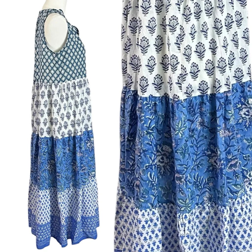 Tuckernuck Bohemian Indian Cotton Tiered Block Print Maxi Dress Medium Retro 70s - Image 5