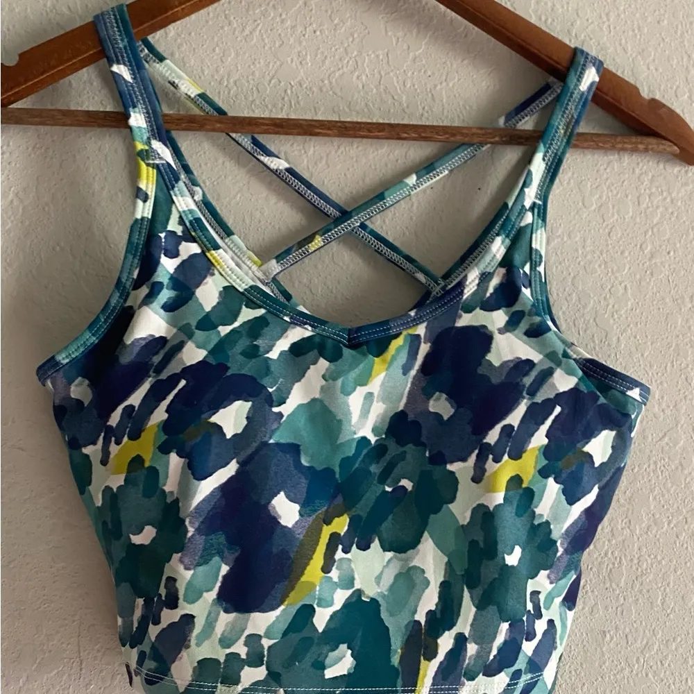 Women Abstract watercolor Long line Sports Bra Small Strappy Back low impact Blue - Image 2