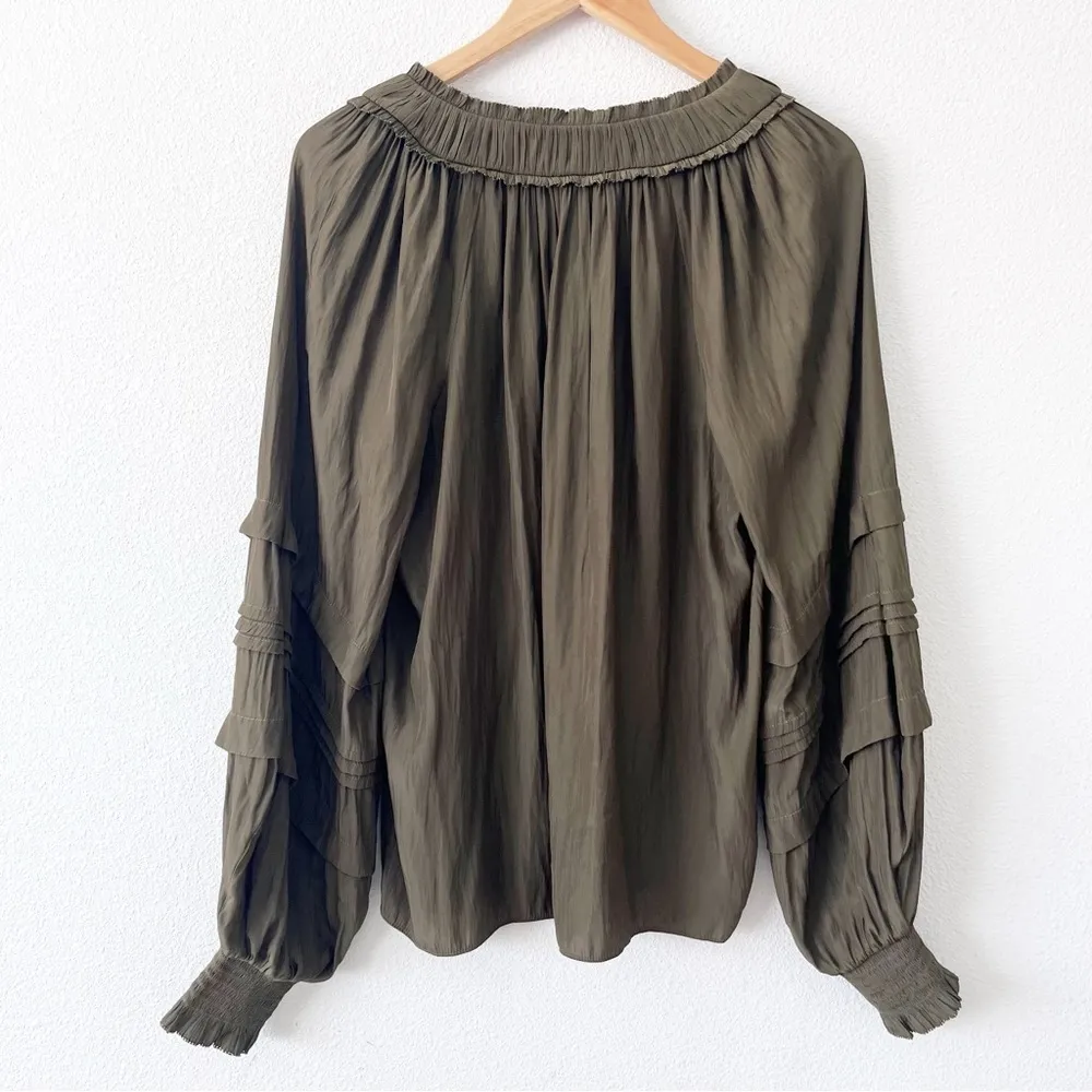 Ramy Brook Merry Ruffle Smocked Split Tie Neck Blouse Top in Olive Green - Image 7