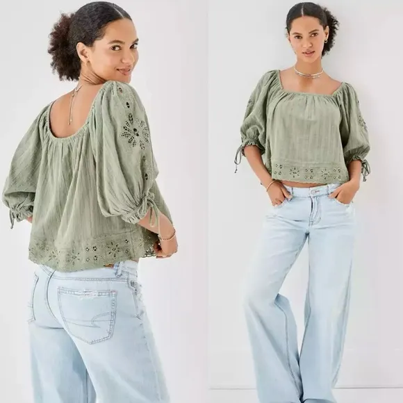 American Eagle Olive Green Eyelet Half Sleeve Wide Neck Puff-Sleeve Blouse XL - Image 2