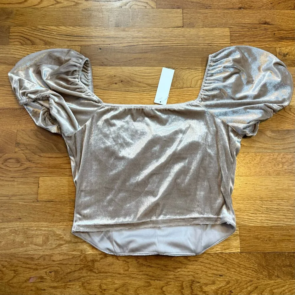 All in Favor Womens XL Champagne Velvet Corset Style Puff Sleeve Crop Top - Image 6