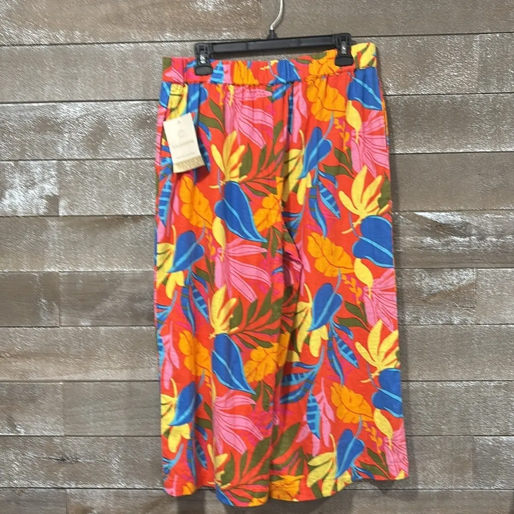 Calligraphie Tropical Linen wide leg crop Hawaiian beach summer pant size Medium Blue - Image 7