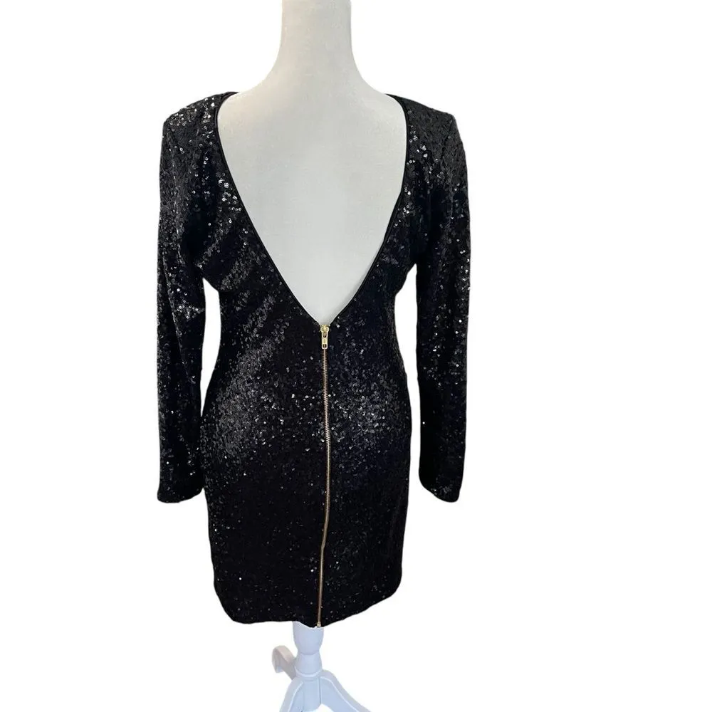 Dress the Population Kelly Black Sequin Open Back Long Sleeve Mini Dress L - Image 8