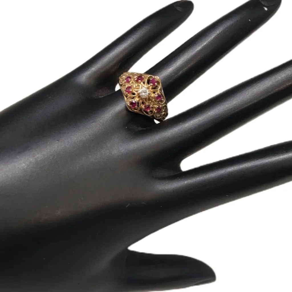 10K SOLID YELLOW GOLD GENUINE DIAMOND AND RUBY FILAGREE RING (6.75) Red - Image 3