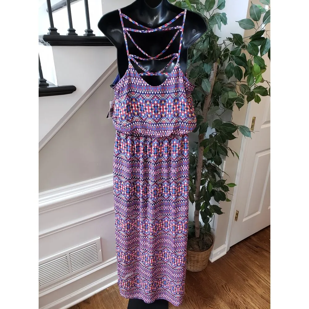 City Triangles Long Maxi Dress Womens Large Blue Pink Geo Print Criss Cross Back - Image 4