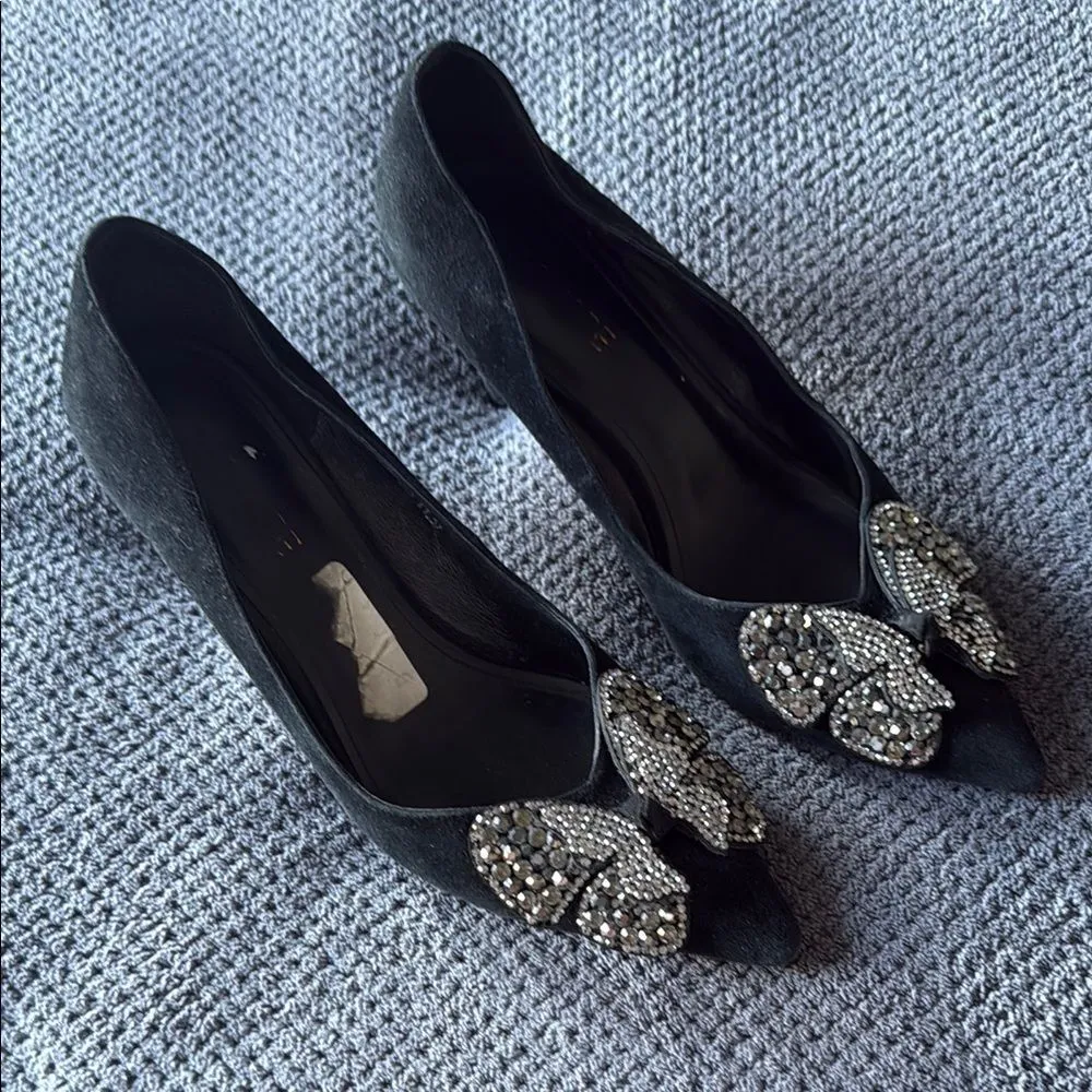 Alomore Black Suede Rhinestone Bow Flats 7.5 Pointed Toe Leather‎ Sole heels - Image 2