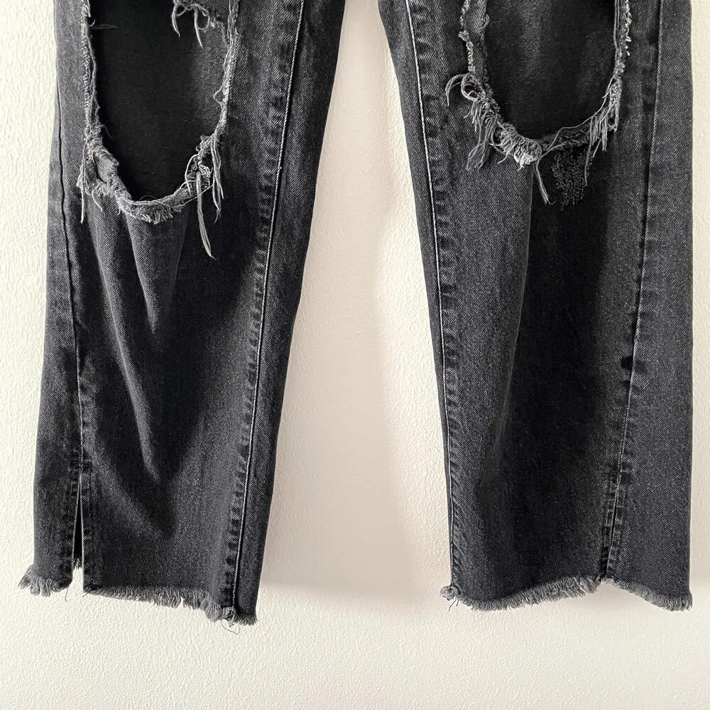 Free People Jeans Womens 27 Black Distressed Raw Hem High Rise Straight Leg - Image 8