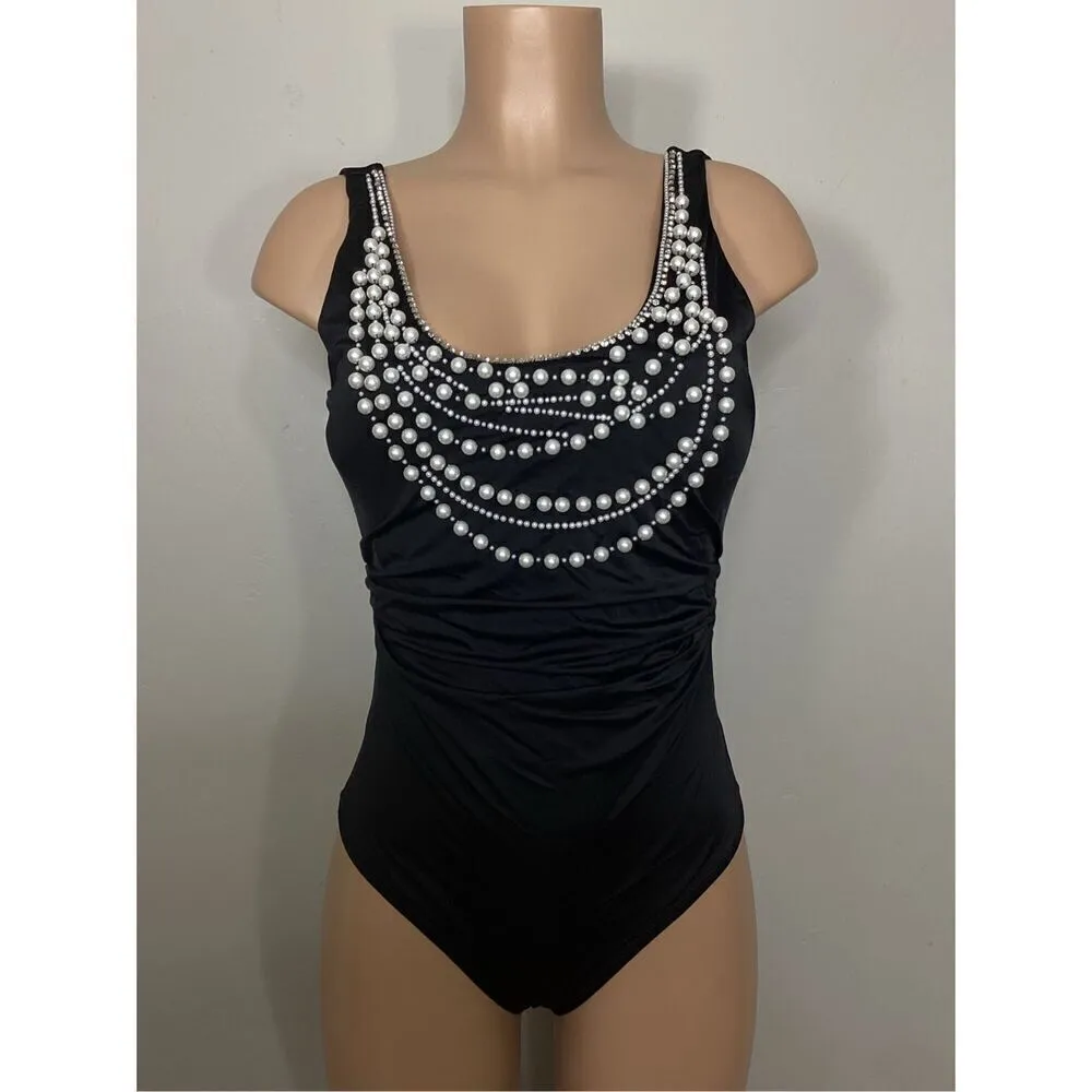 New. Amita Naithani black pearls and rhinestone swimsuit. Small. Retails $169 - Image 3