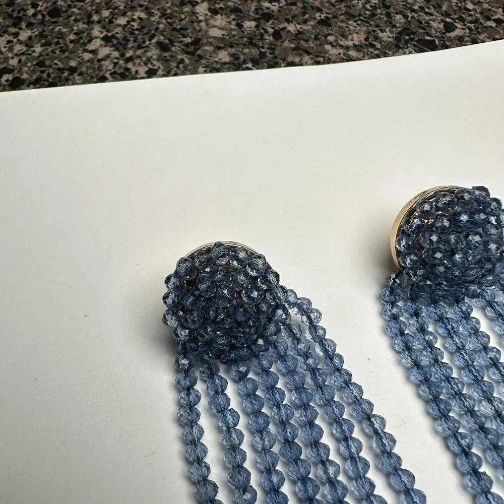 Sugarfix Blue Beaded Fringe Dangle Pierced Earrings Signed - Image 5