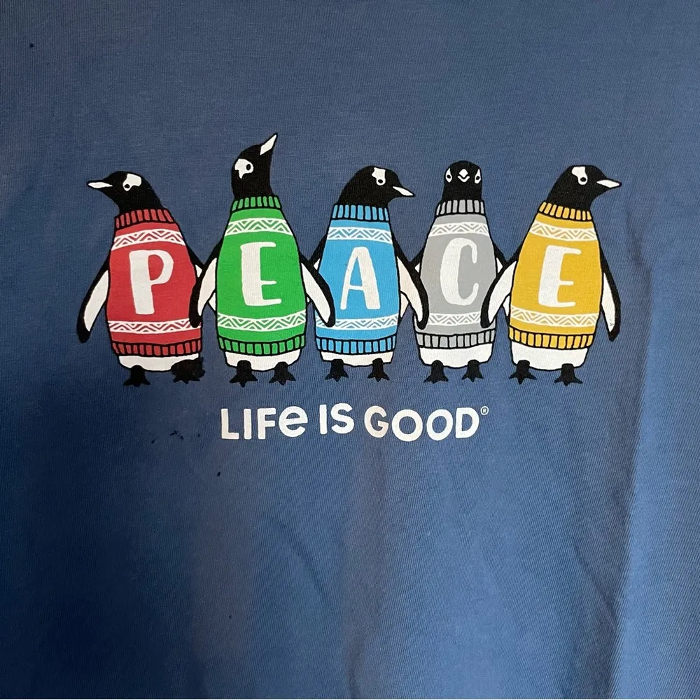 Life Is Good- Blue Long Sleeve Peace T shirt Penguins - Image 2