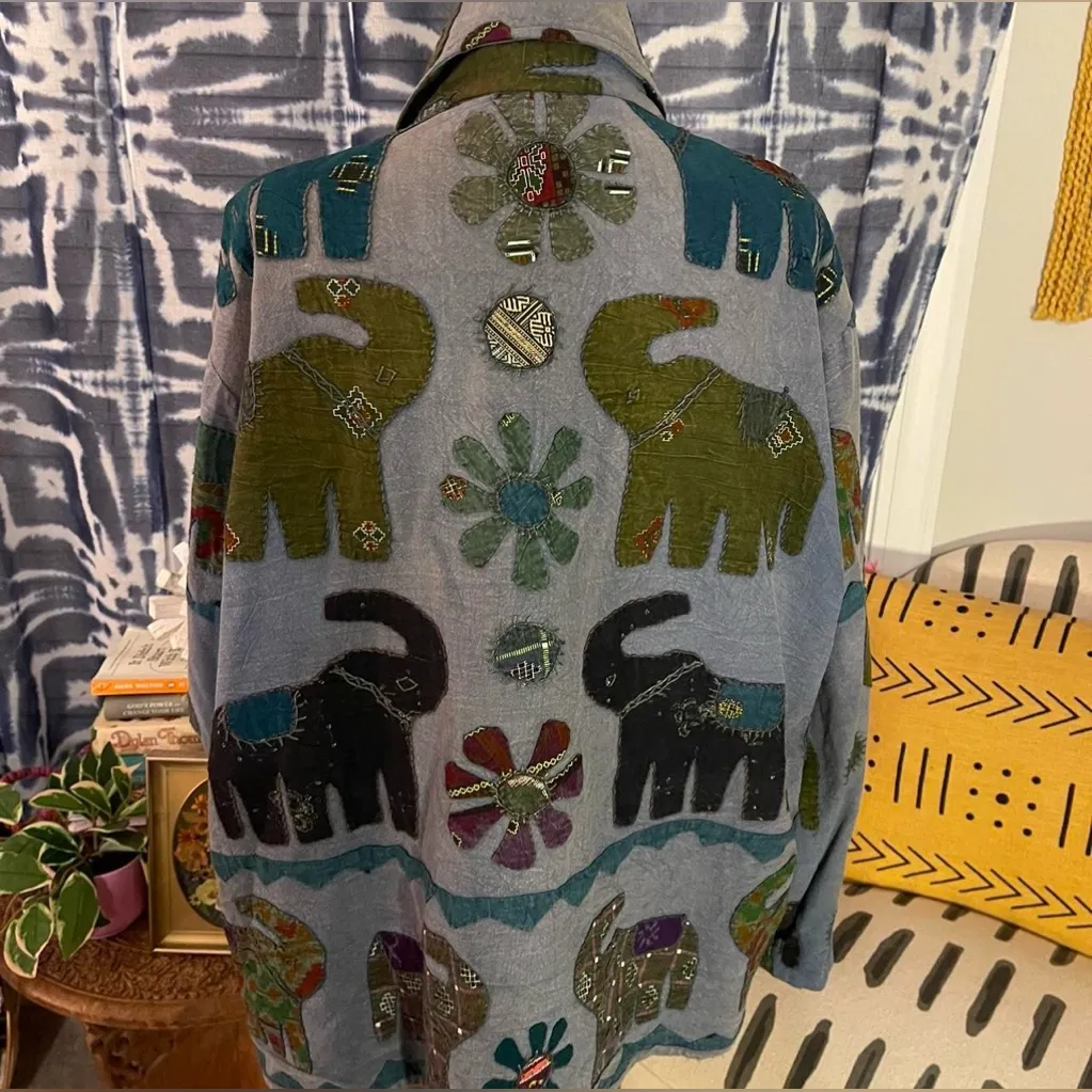 VTG Elephant Patchwork Applique Button-Up Jacket  L/XL Bohemian Hippie 🐘🌼 - Image 4
