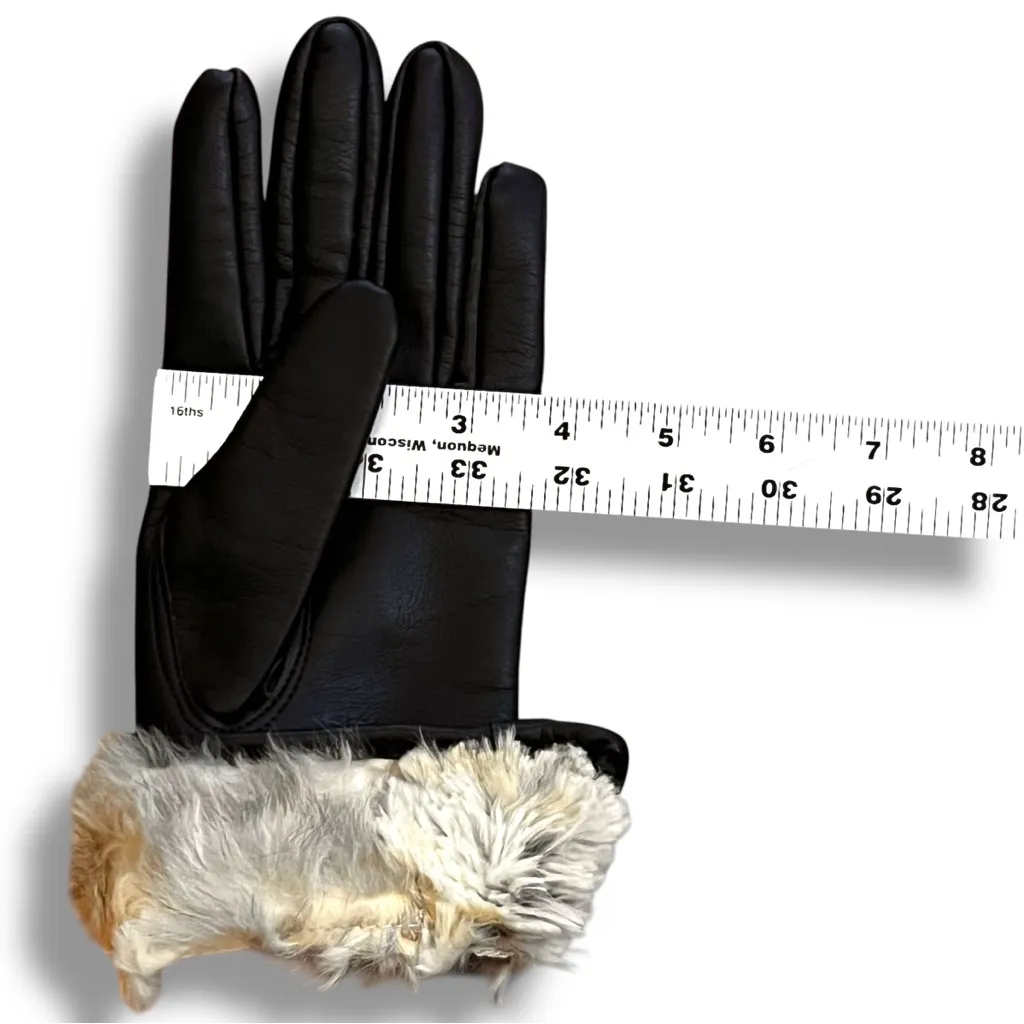 Vintage GLOVES Size B Black Faux Leather Fourchettes Faux Fur Lined Cuff 70s - Image 7