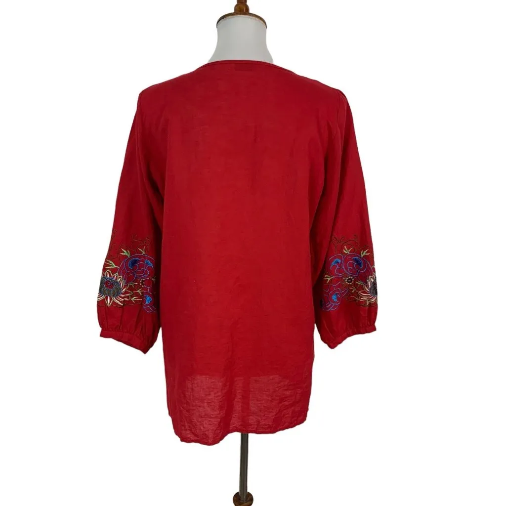 Tasha Polizzi Womens Top Medium Red Embroidered 34 Sleeve Linen Western Rodeo - Image 4