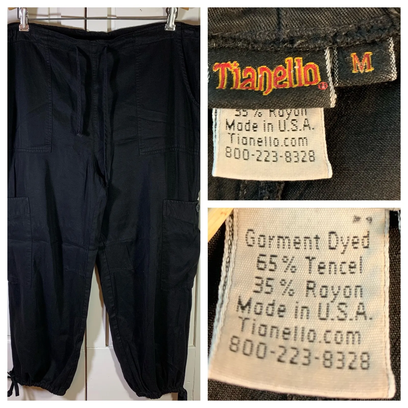 Tianello Black Garment Dyed Cargo Pants Women's Medium Tencel Rayon Drawstring - Image 11