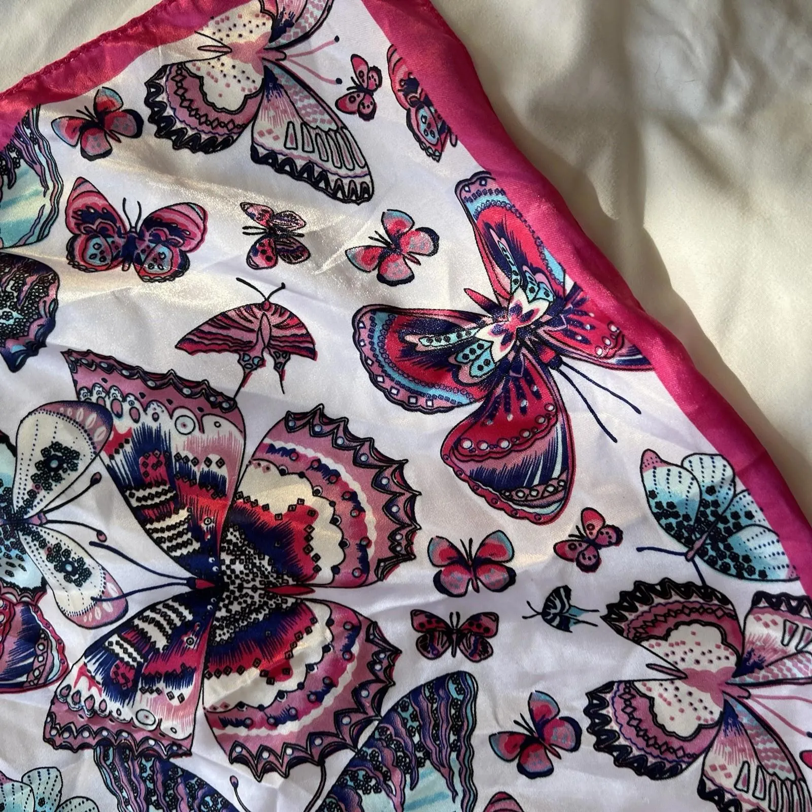 Vibrant Butterfly Print Square Scarf Hot Pink Border Satin Bandana Head scarf - Image 4