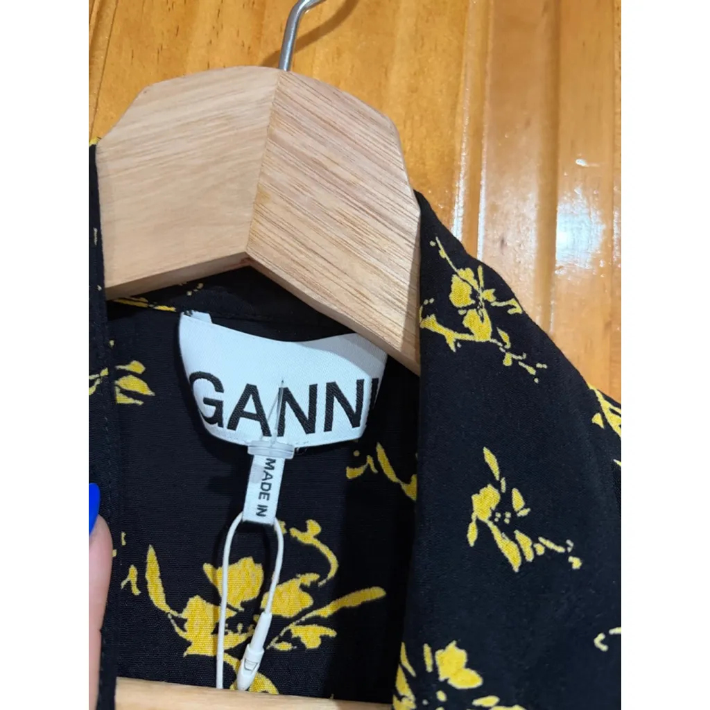 GANNI Floral Crepe Wrap Blouse Yellow Black Size 42 NWT Tie Top - Image 3