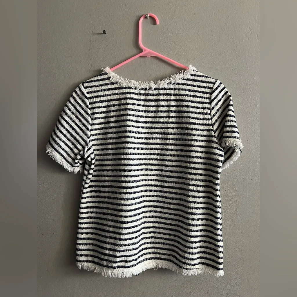 Green Envelope Shirt Women’s Small White Navy Short Sleeve Top Frayed Edge Seams - Image 2