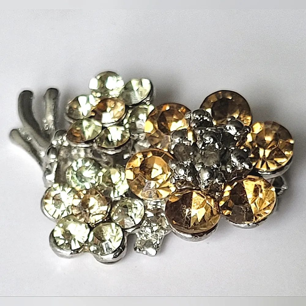 Vintage Green Yellow Rhinestone Flower Brooch Pin Costume Jewelry - Image 2