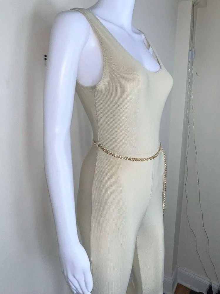 WeWoreWhat Solid Rib Scoop Jumpsuit in Khaki with Gold Chain Belt - Image 11