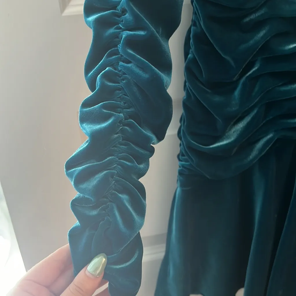 ML MONIQUE LHUILLIER metalic turquoise, blue long sleeve dress - Image 7