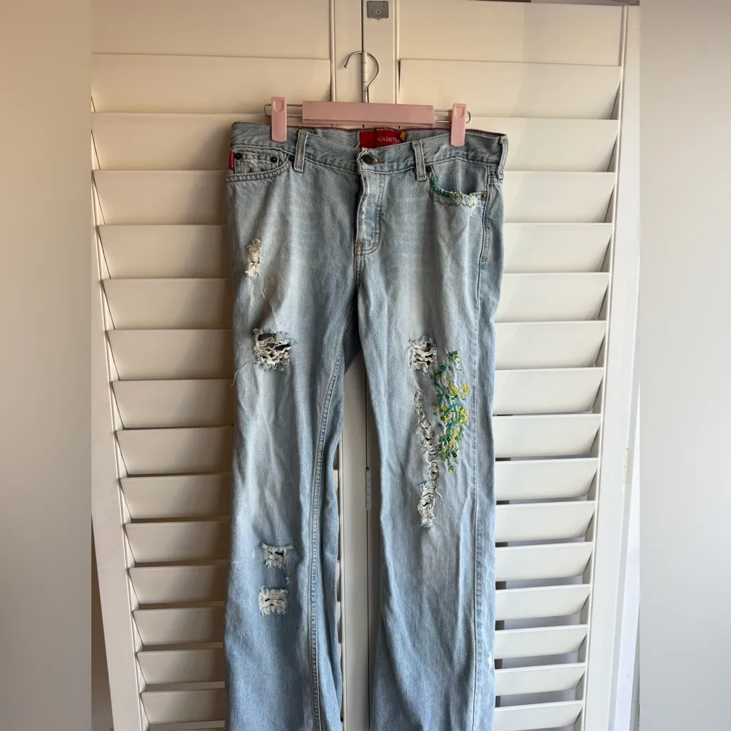 Hollister y2k Light Blue Distressed embellished embroidered Straight Leg Jeans - Image 2